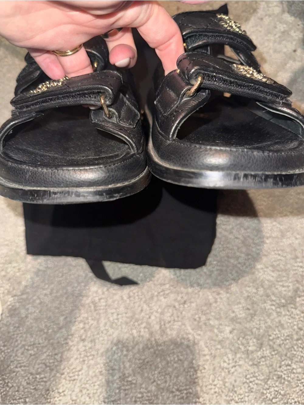 CHANEL Black Quilted Leather Double-Strap Sandals with Gold CC Logo